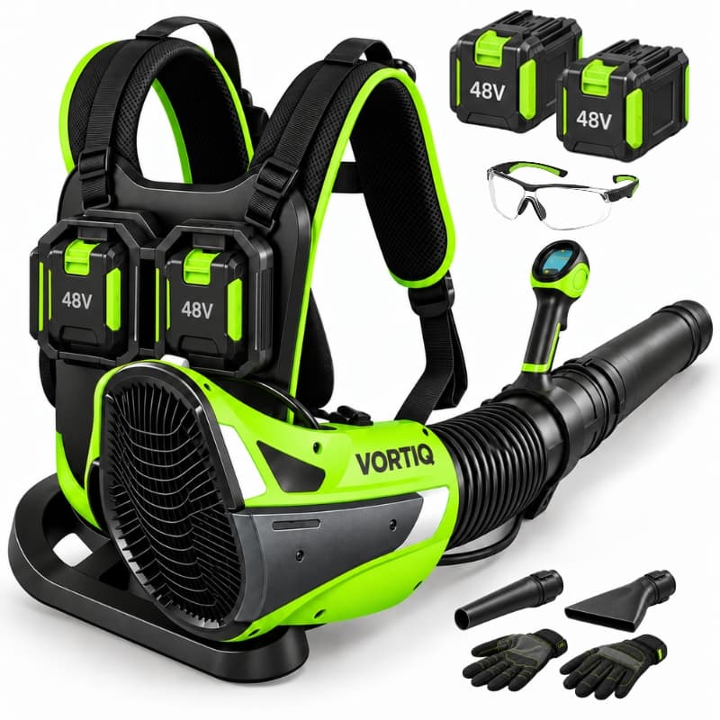 Kit Vortiq Pro 48: soffiatore a zaino, 2 batterie, cintura, occhiali protettivi e guanti